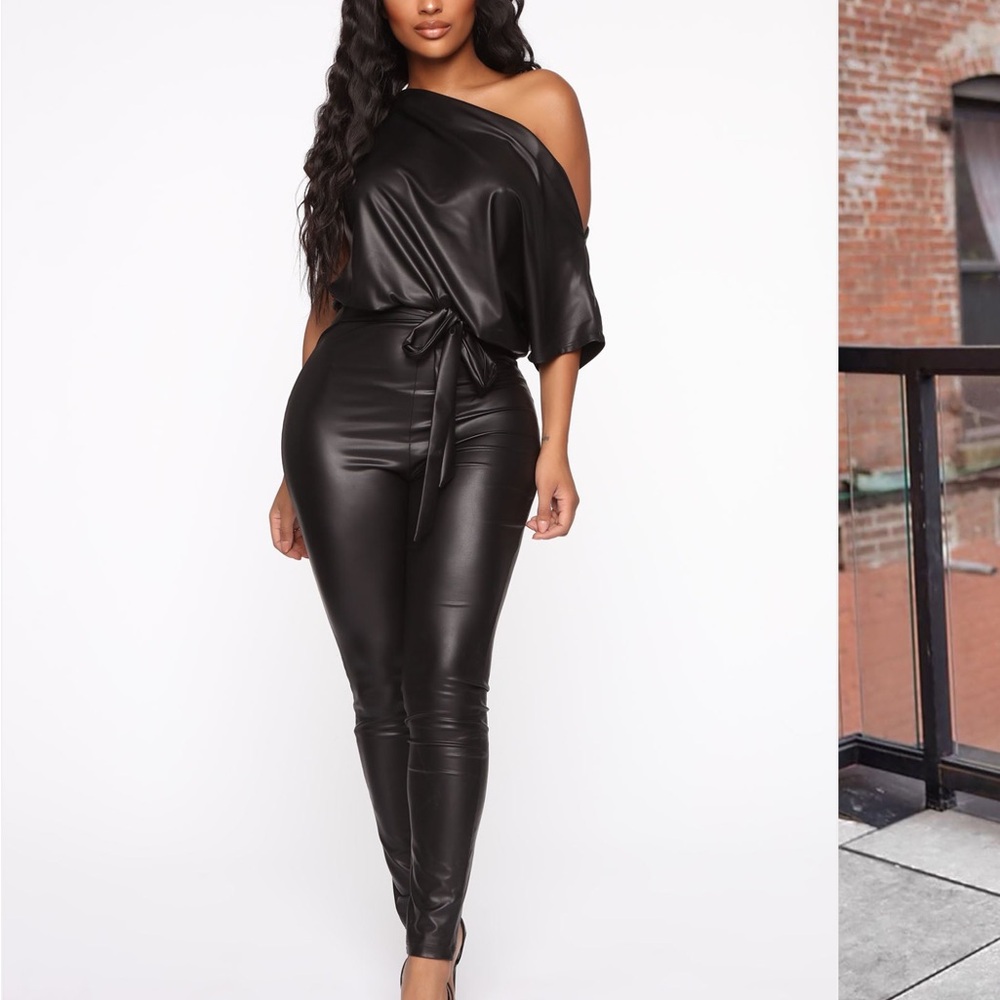 Fashion Nova One-Shoulder Faux Leather Jumpsuit in Black